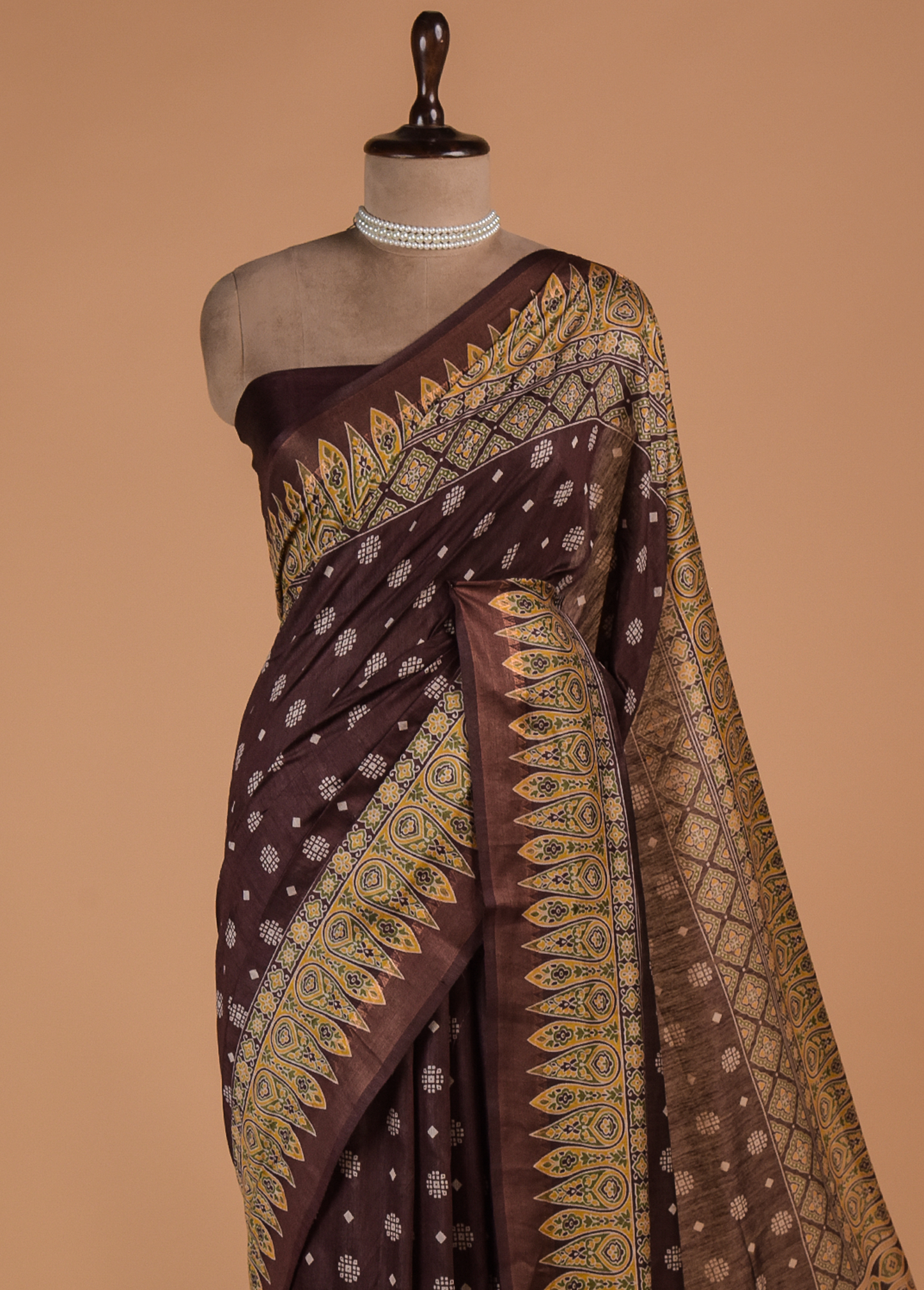 Brown Cotton Tussar Printed Saree