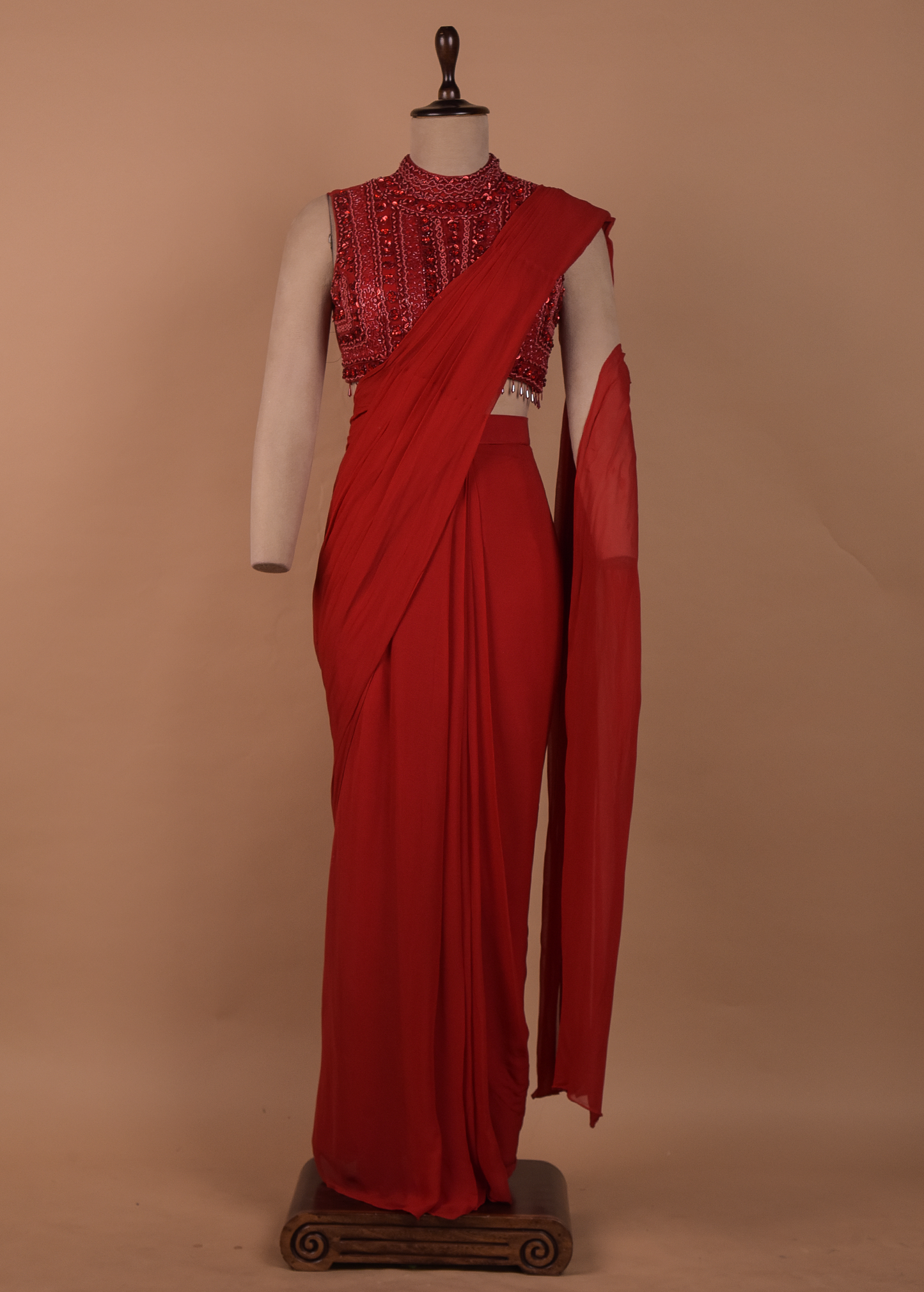 Red Georgette Readymade Saree