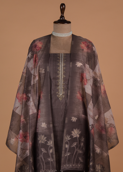 Grey Chanderi Cotton Dress Material