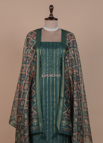 Green Chanderi Cotton Dress Material