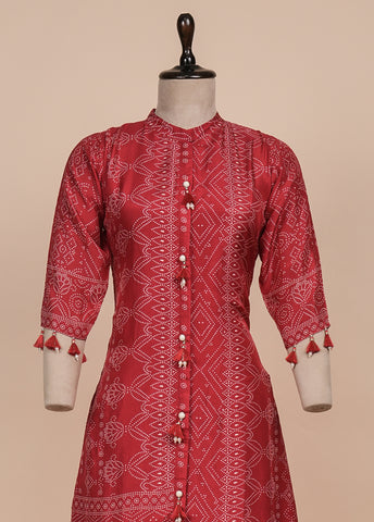 Red Muslin Crepe Kurti Set