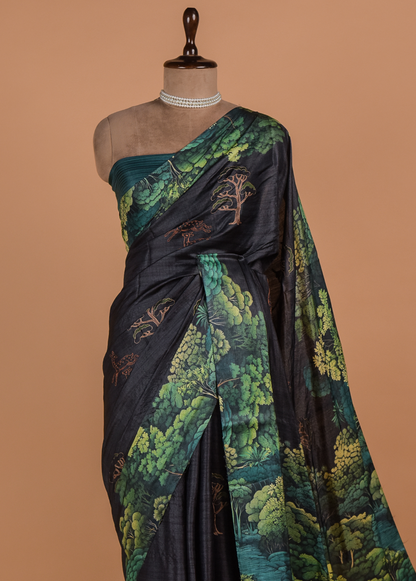 Blue Satin Printed Saree