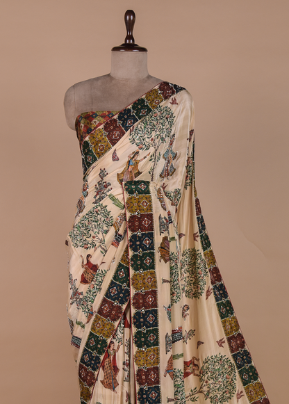 Cream Crepe Embroidered Saree