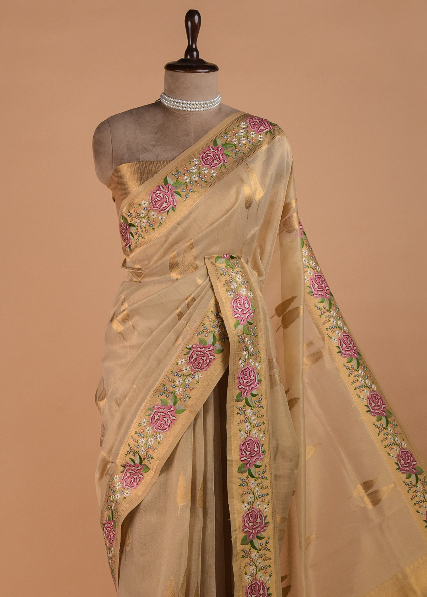 Golden Hand Embroidered Banarasi Saree - Image 2 | Greenways Delhi