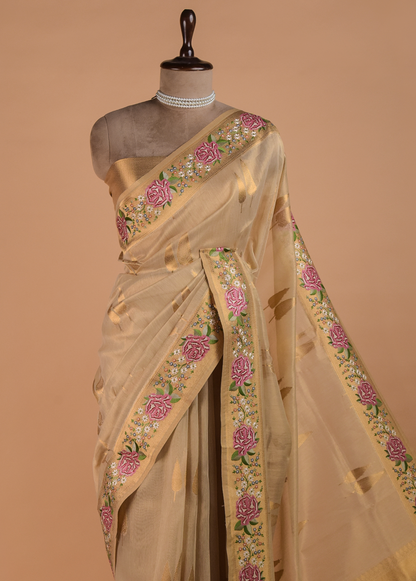 Golden Hand Embroidered Banarasi Saree - Image 2 | Greenways Delhi