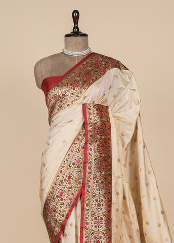 Cream Art Silk Banarasi Saree