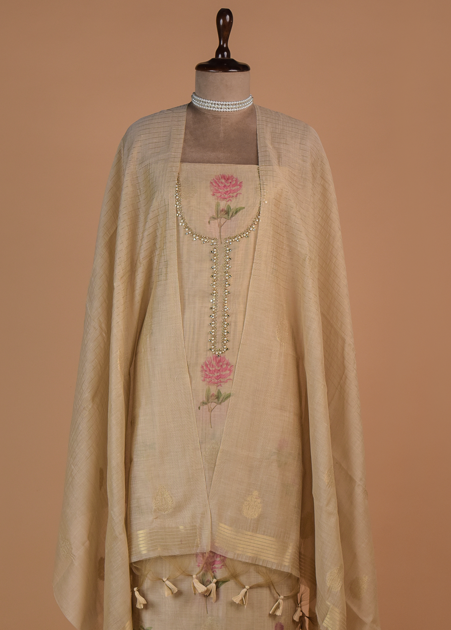 Beige Chanderi Cotton Dress Material