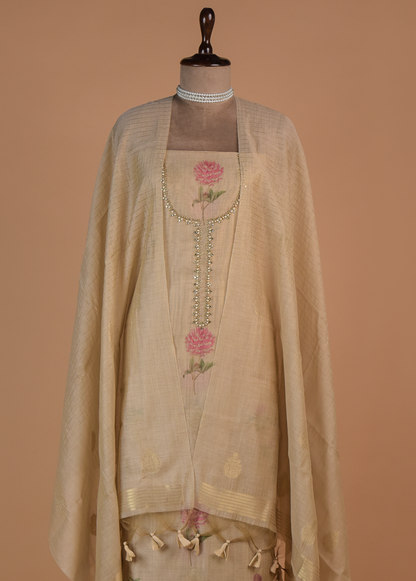 Beige Chanderi Cotton Dress Material