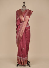 Red Munga Tussar Embroidered Saree