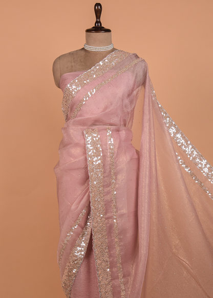 Pink Tissue Georgette Embroidered Saree