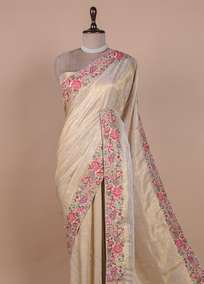 Gold Tissue Crepe Embroidered Saree