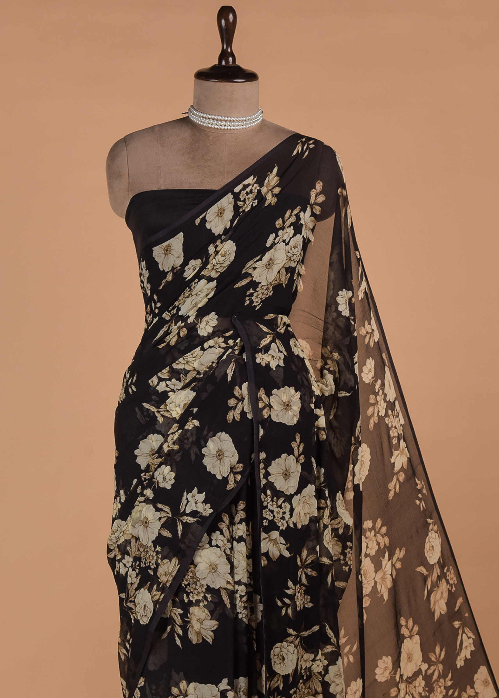 Black Printed Chiffon Saree - Image 2 | Greenways Delhi