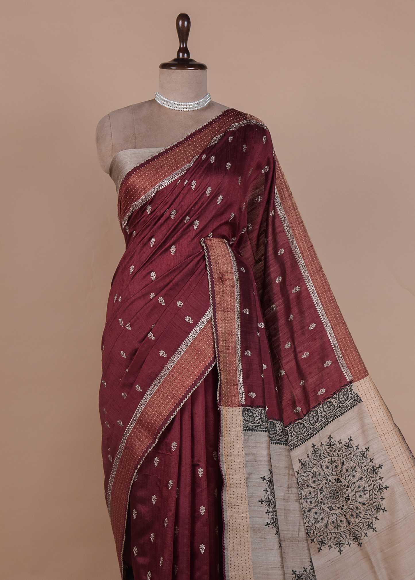 Red Handloom Tussar Embroidered Saree