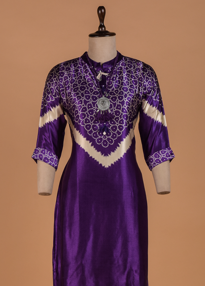 Purple Crepe Ssatin Kurti Set