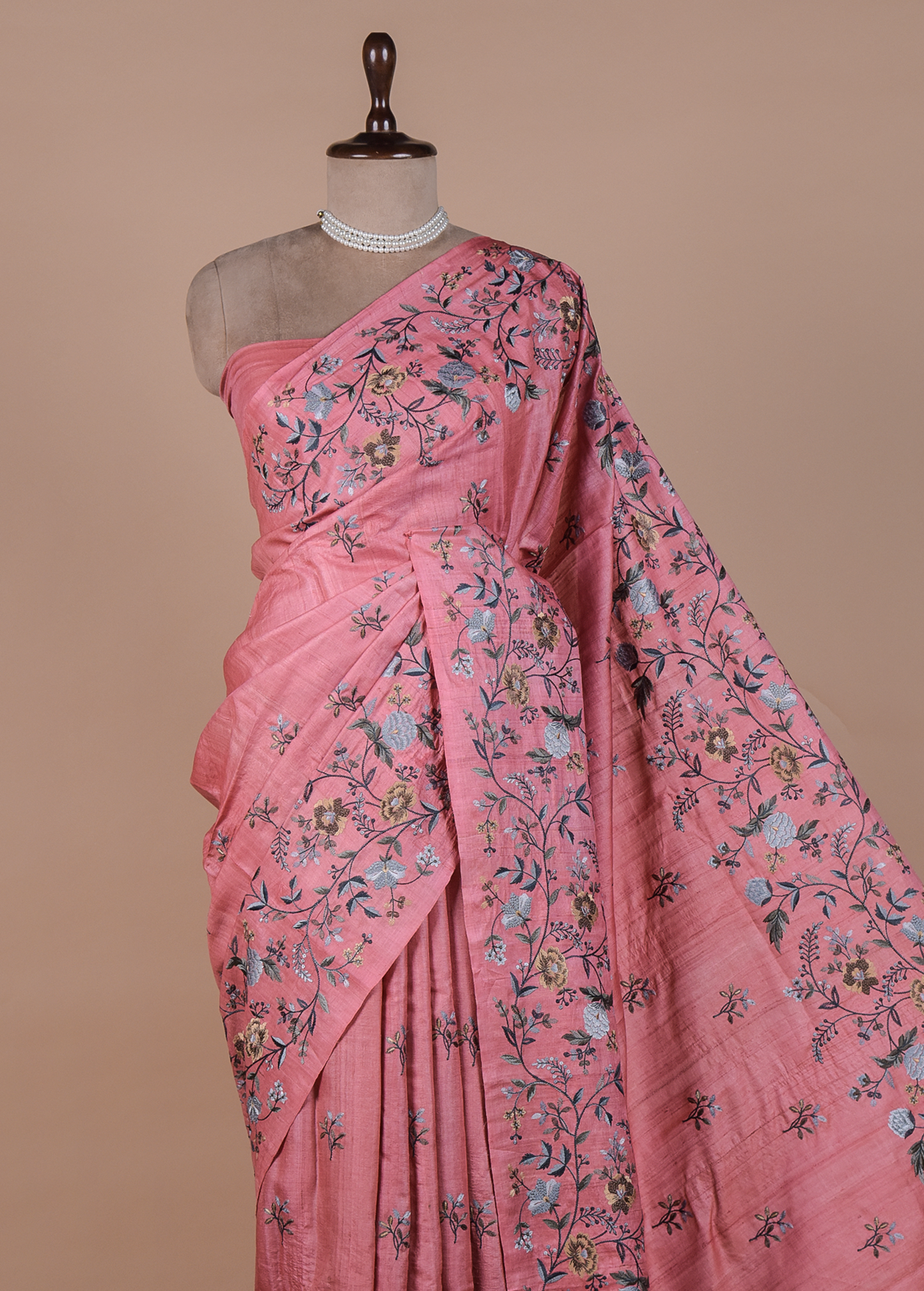 Pink Tussar Embroidered Saree