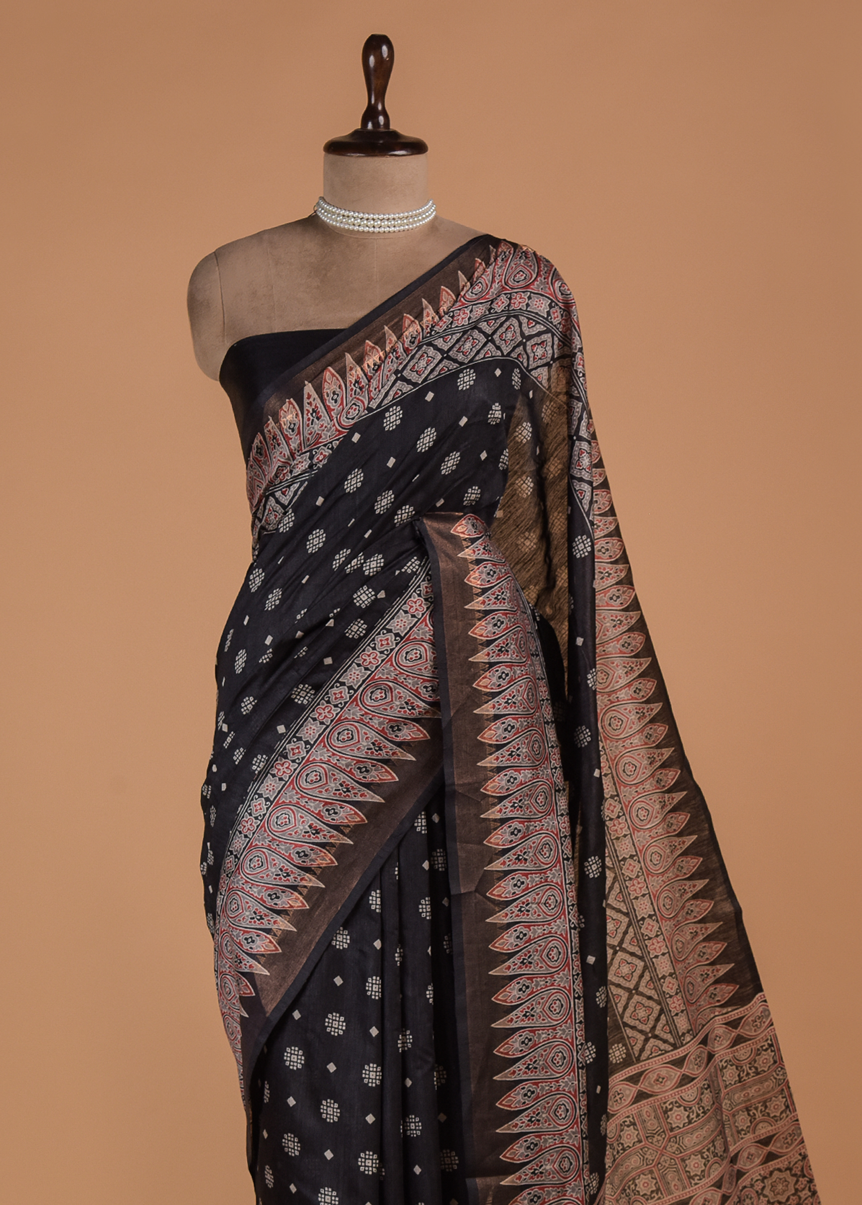 Black Printed Tussar Silk Saree - Image 2 | Greenways Delhi