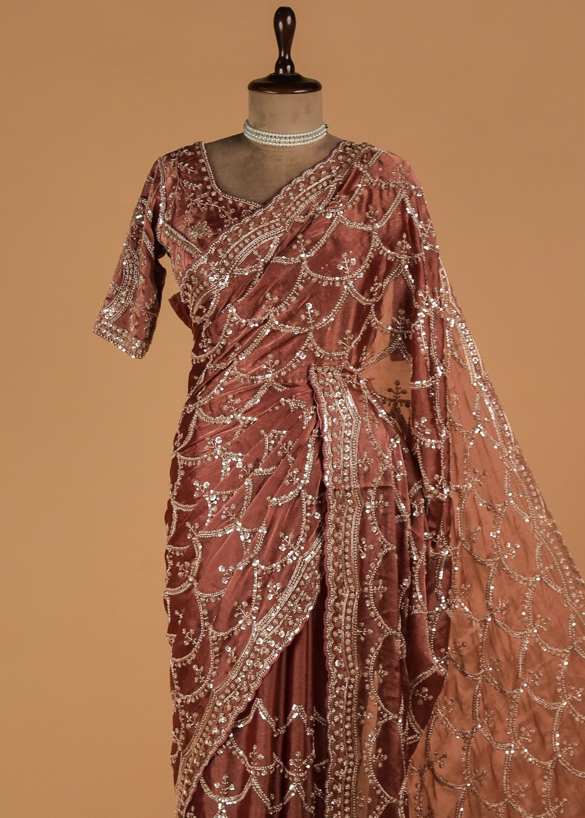 Burgundy Tissue Georgette Embroidered Saree
