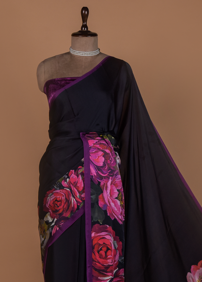 Black Satin Printed Saree
