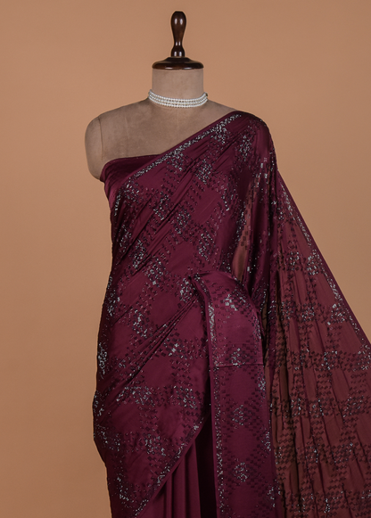 Wine Satin Embroidered Saree