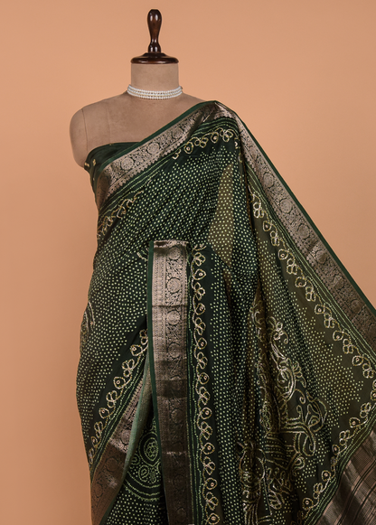 Green Crepe Bandhani Saree