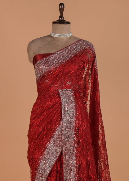 Red Chantily Lace Embroidered Saree