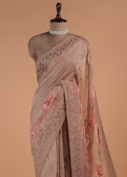 Beige Cotton Printed Saree
