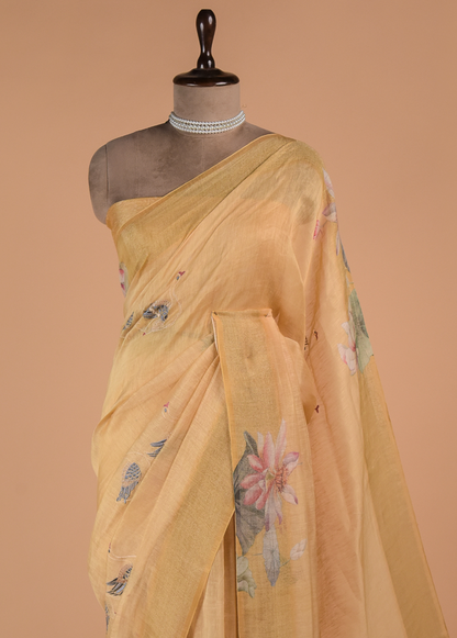 Yellow Linen Embroidered Saree