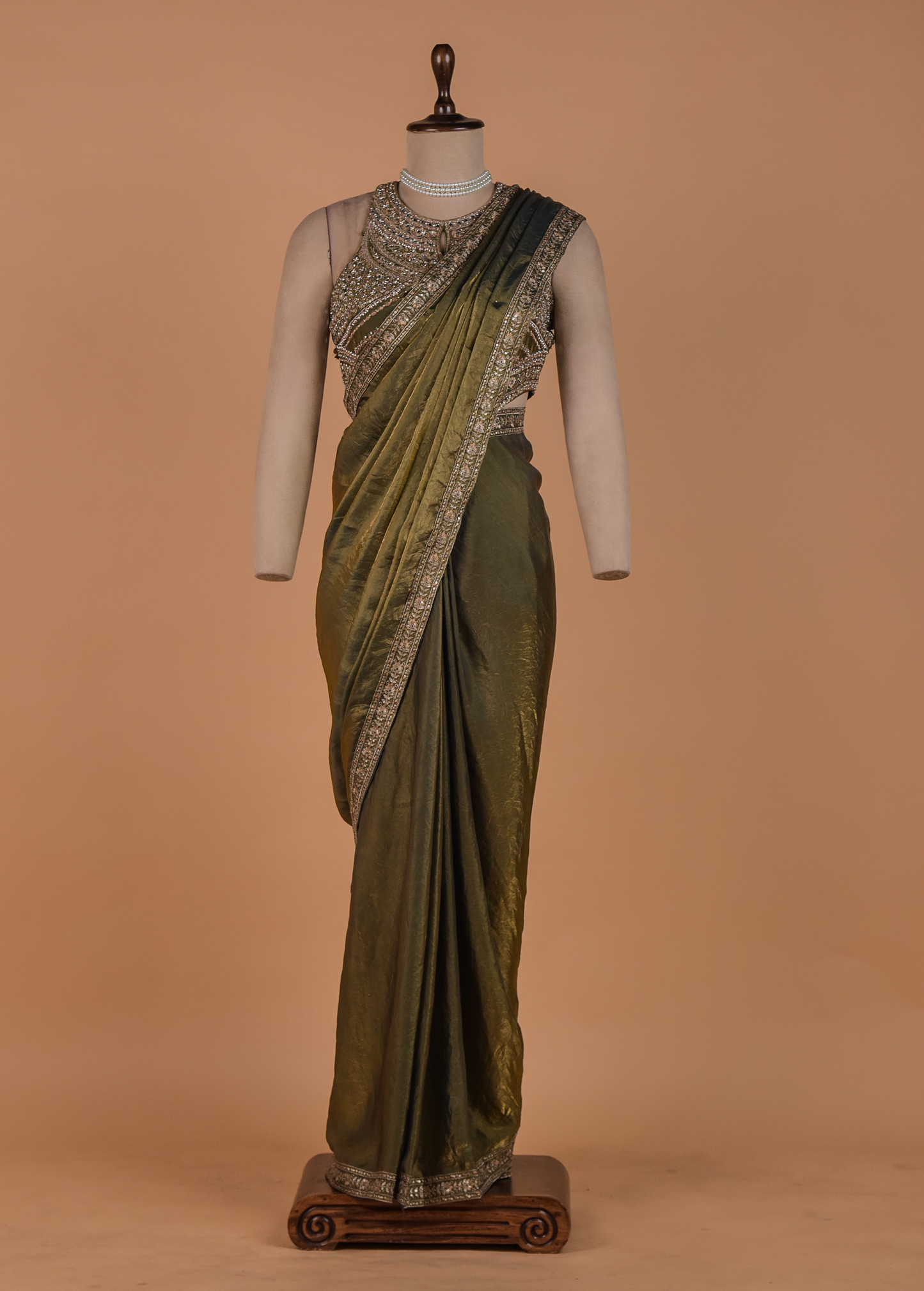 Green Tissue Georgette Readymade Saree
