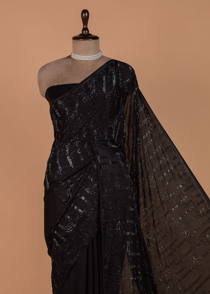 Black Satin Embroidered Saree