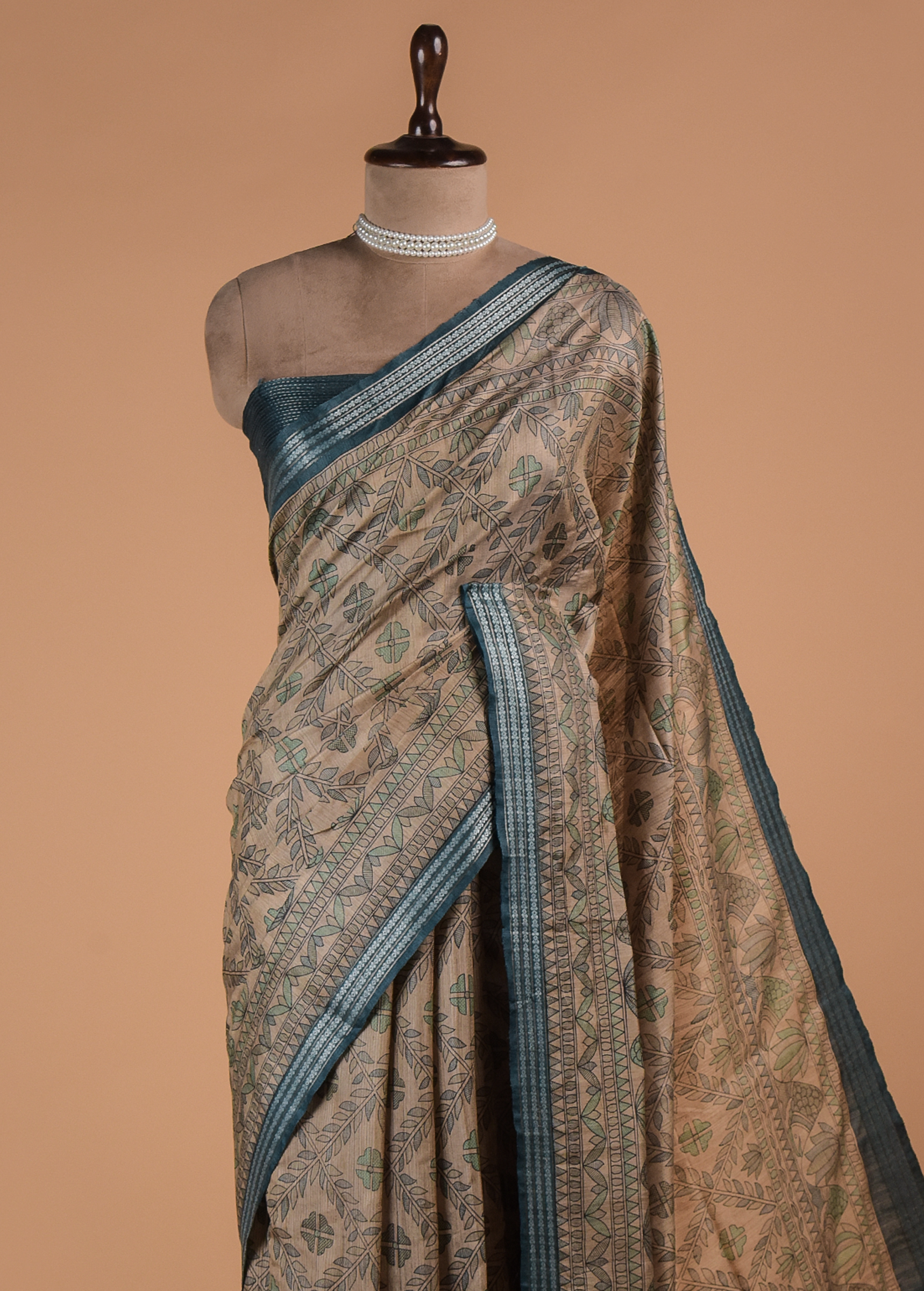 Blue Printed Tussar Silk Saree - Image 2 | Greenways Delhi