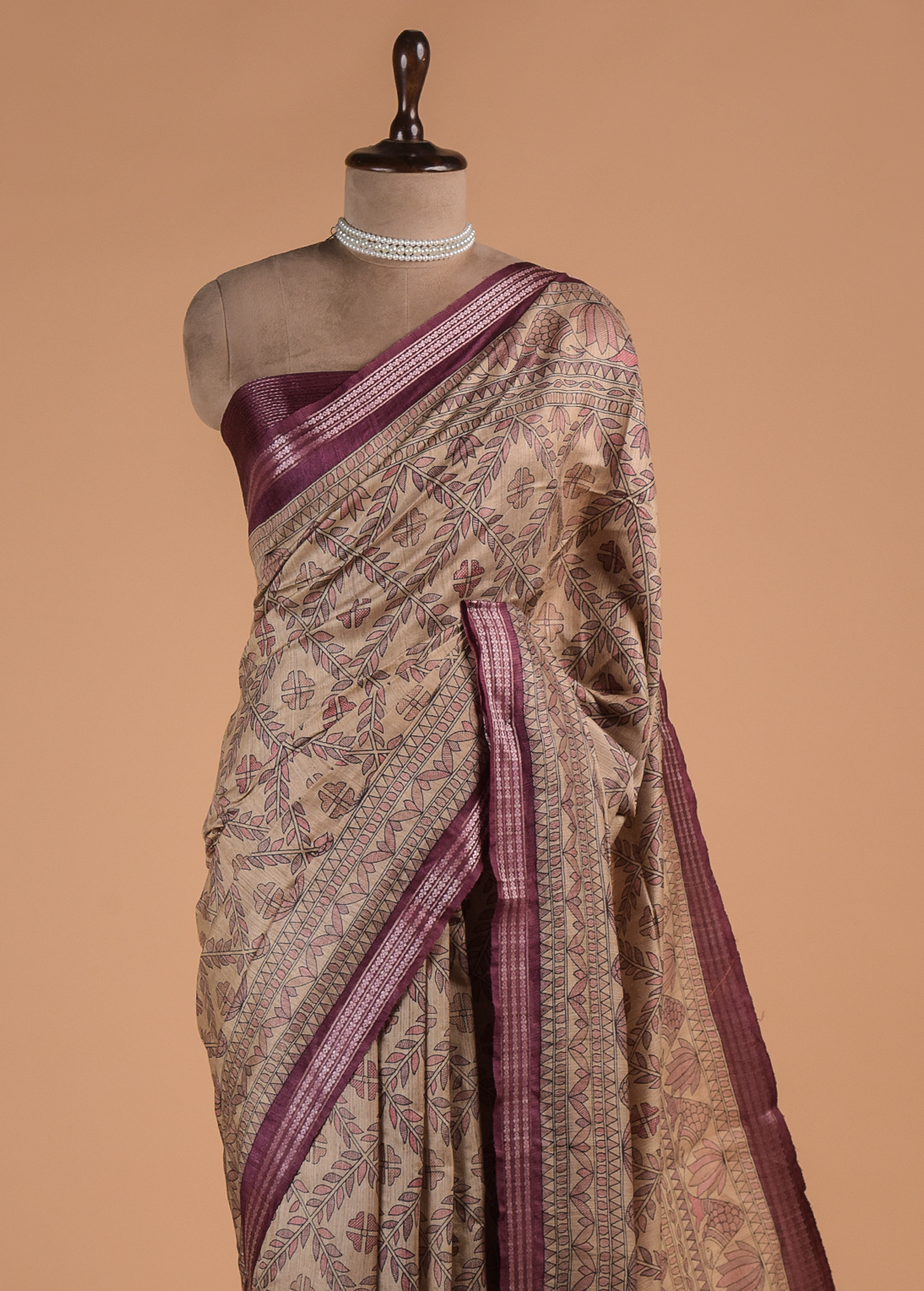 Pink Printed Tussar Silk Saree | Greenways