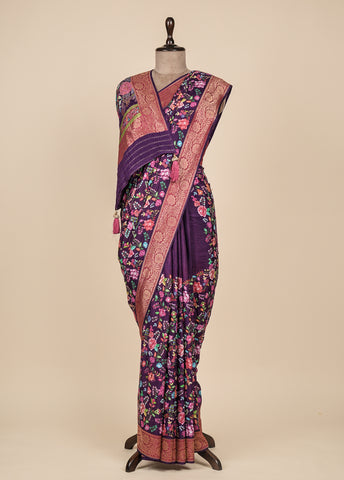 Purple Crepe Silk Embroidered Saree