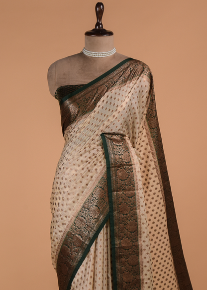 Cream Art Crepe Banarasi Saree