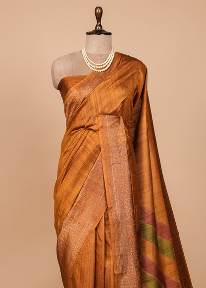 Mustard Tussar Silk Printed Saree