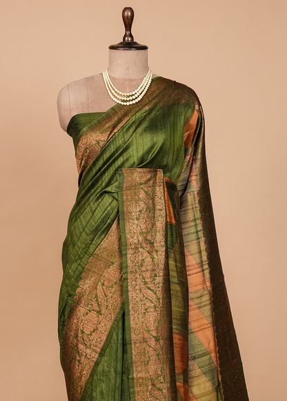 Green Tussar Silk Printed Saree