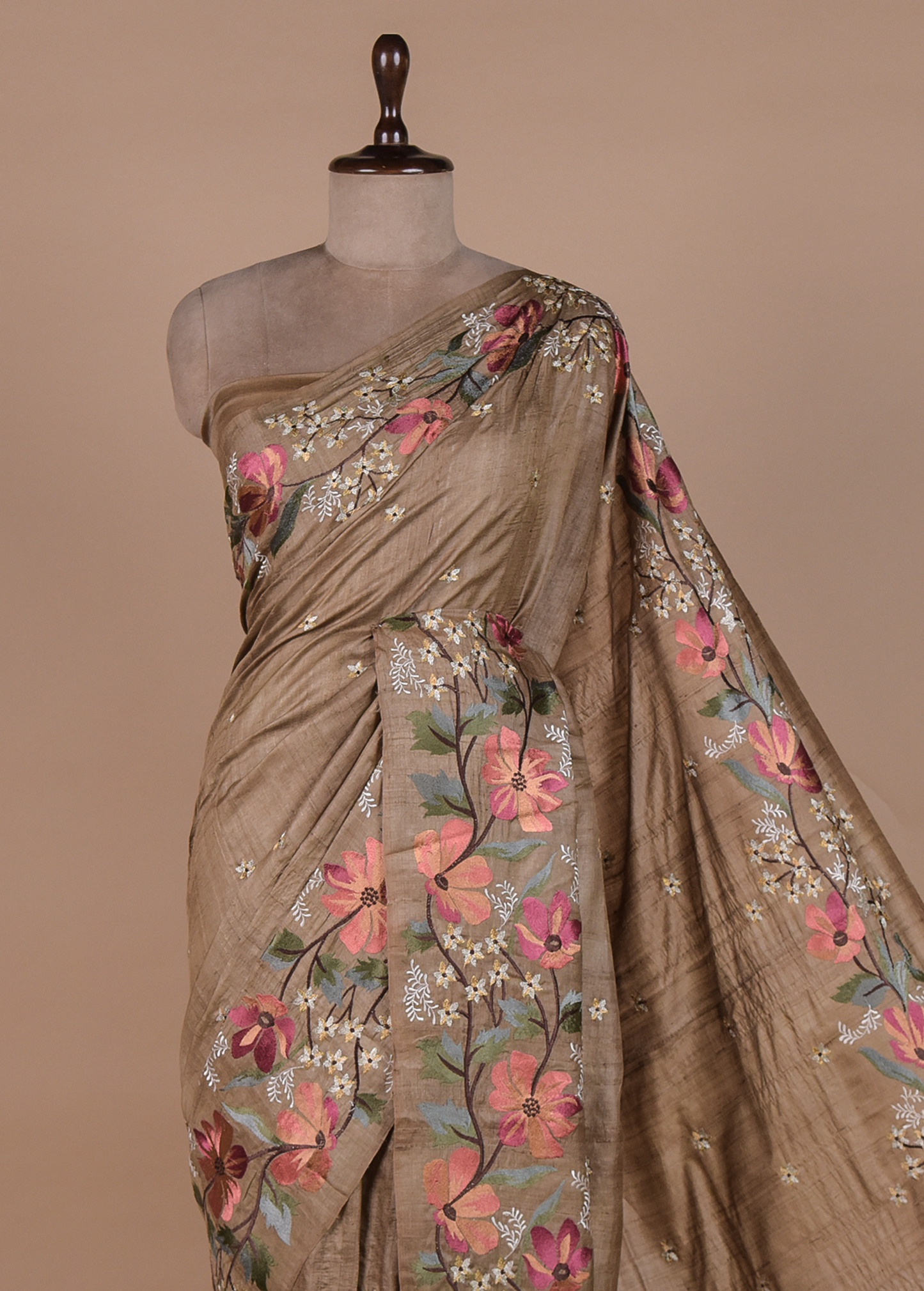 Brown Tussar Embroidered Saree