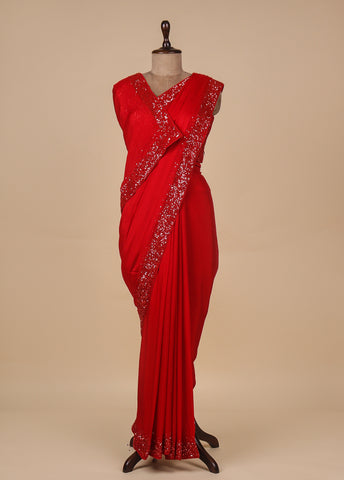 Red Chiffon Embroidered Saree