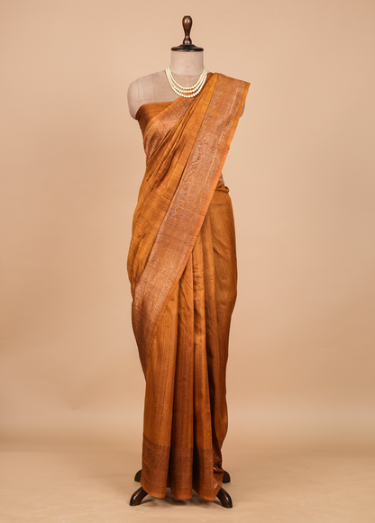 Mustard Tussar Silk Printed Saree
