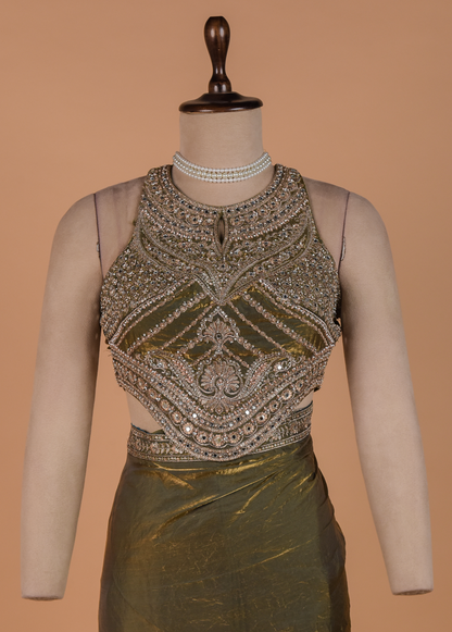 Green Tissue Georgette Readymade Saree