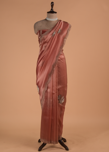 Peach Tissue Organza Embroidered Saree