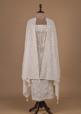 White Chanderi Dress Material