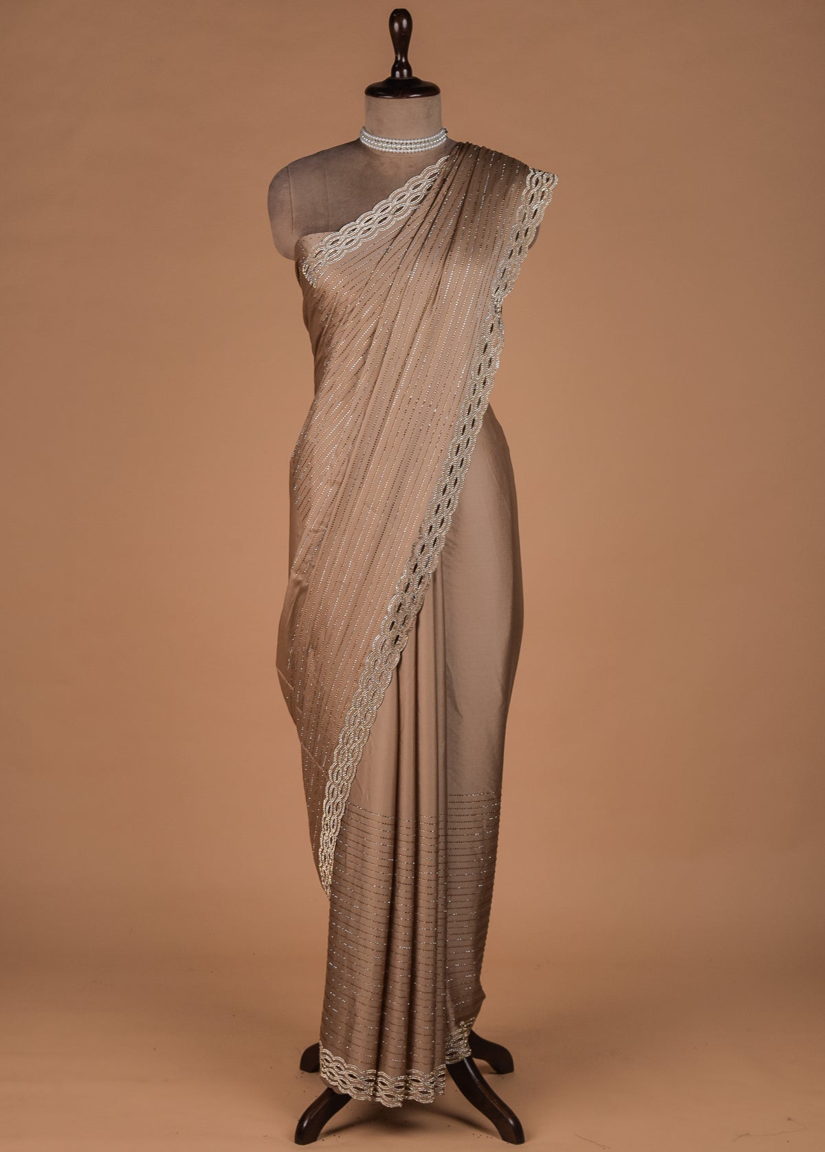 Beige Satin Embroidered Saree