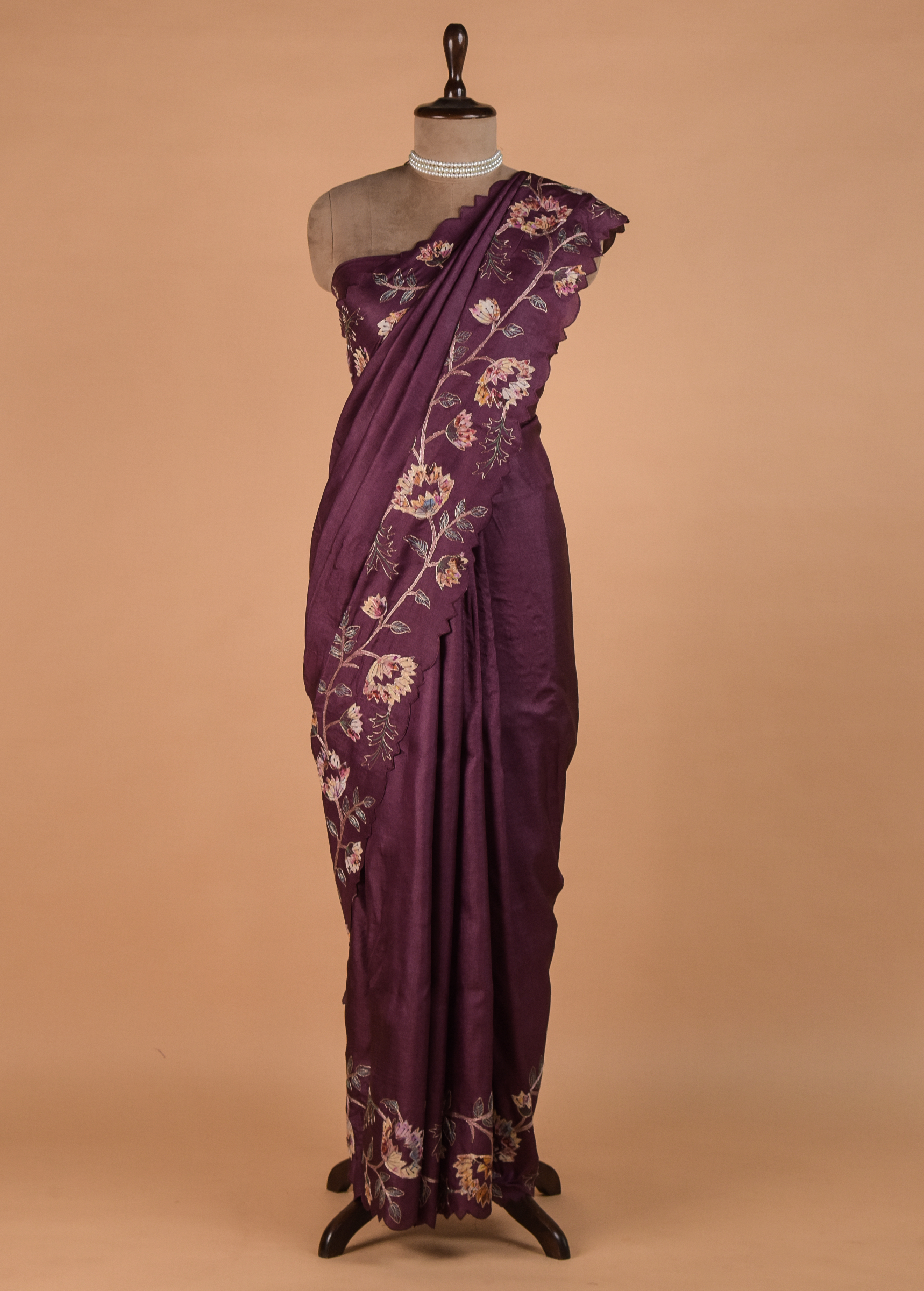 Purple Hand Embroidered Tussar Silk Saree - Image 3 | Greenways Delhi