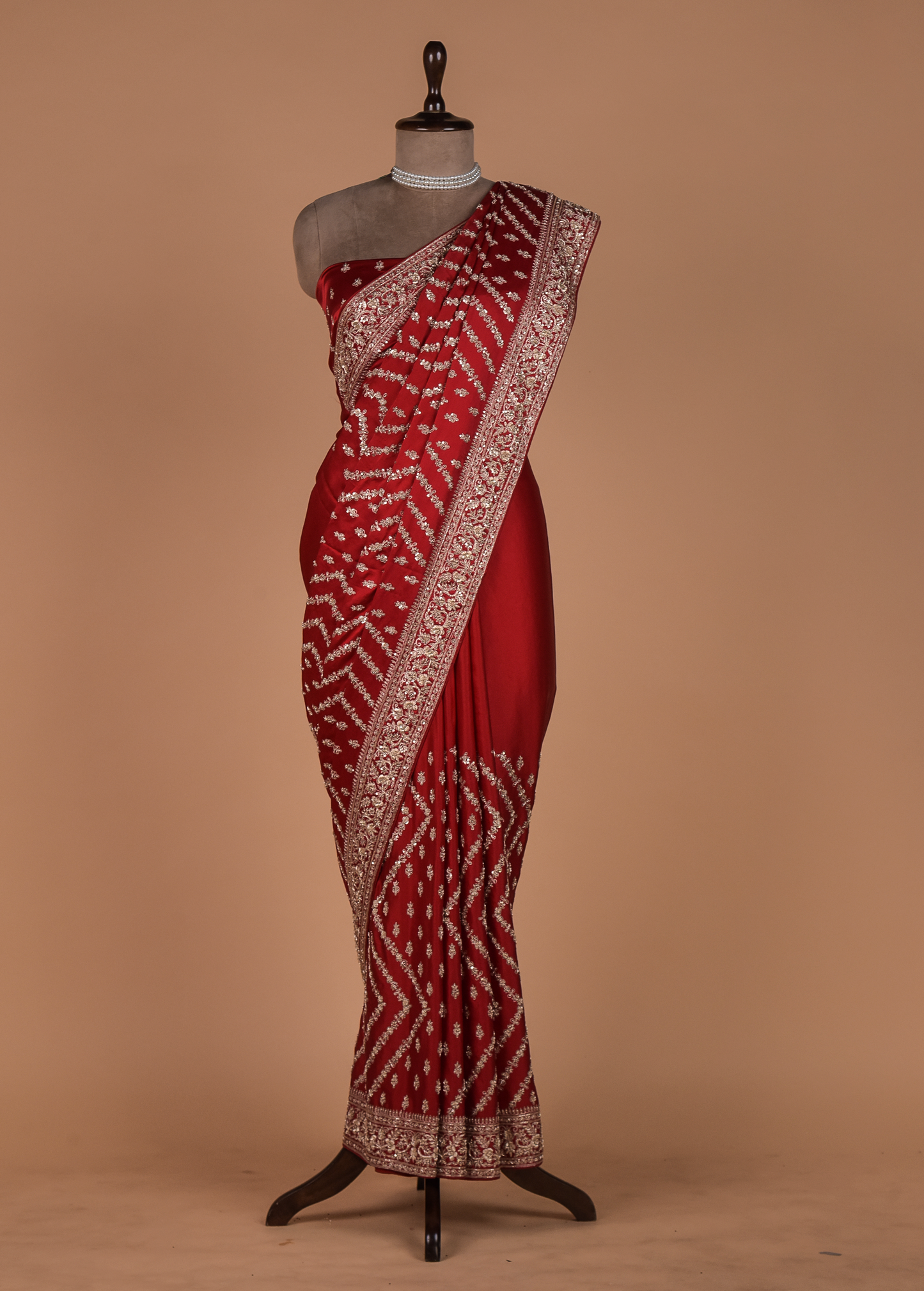 Red Satin Embroidered Saree