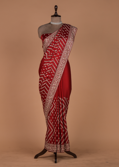 Red Satin Embroidered Saree