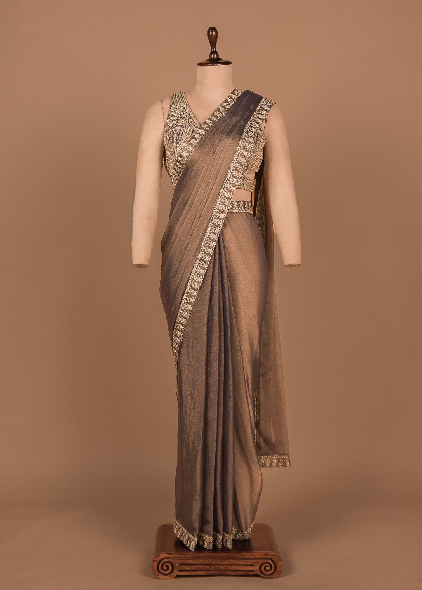 Brown Shamo Satin Readymade Saree