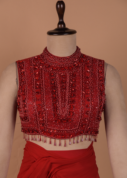 Red Georgette Readymade Saree