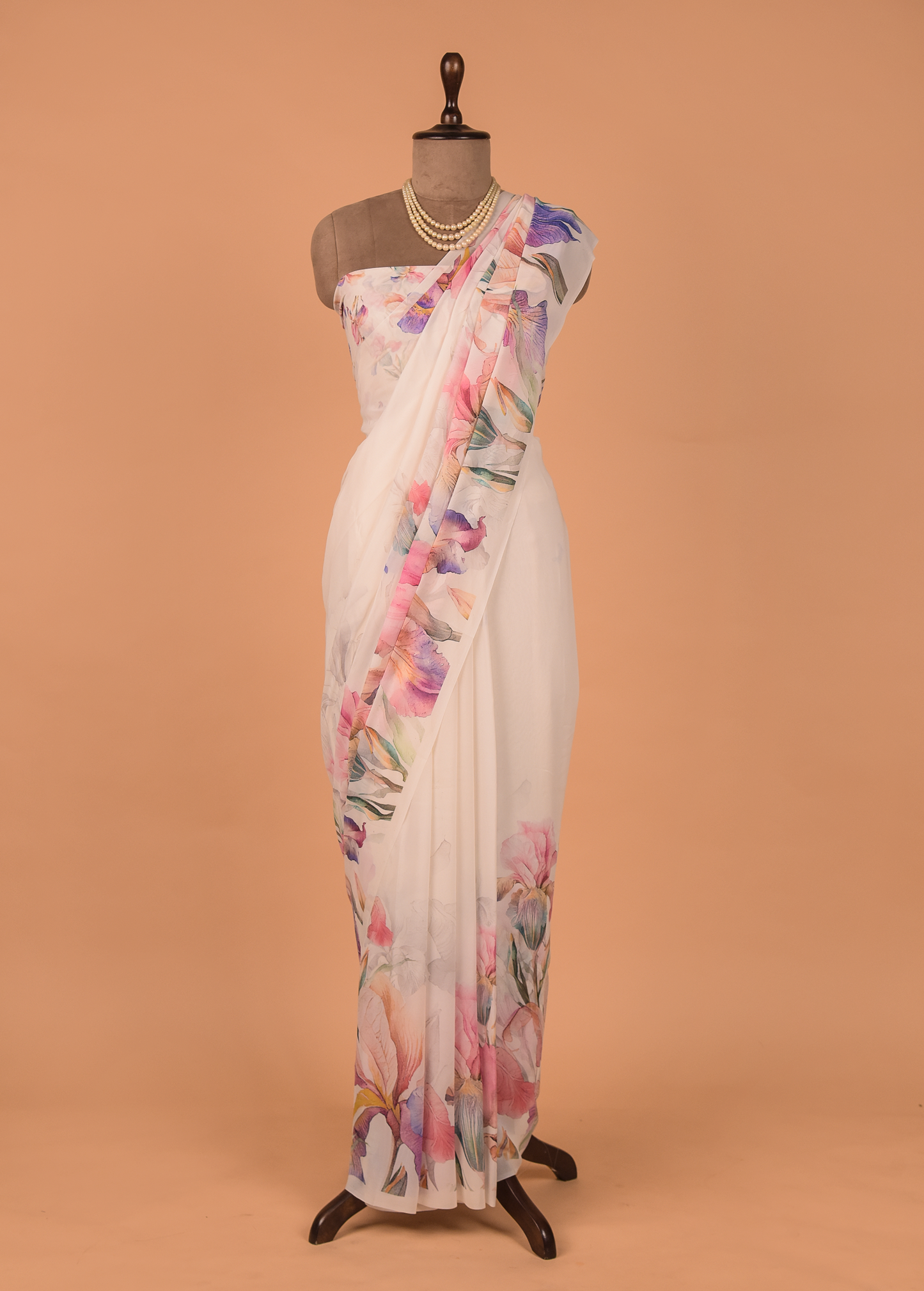 White Georgette Printed Saree