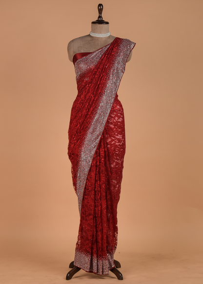Red Chantily Lace Embroidered Saree