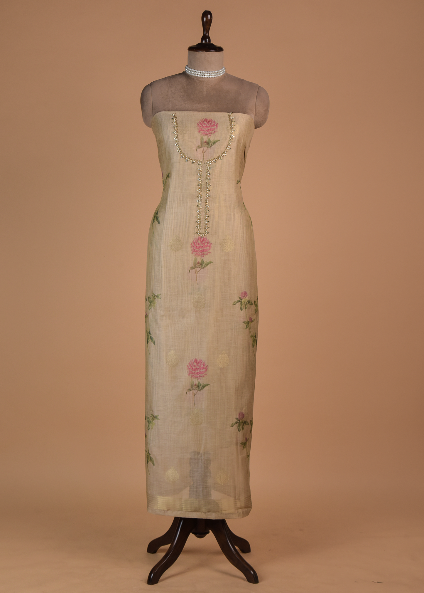 Beige Chanderi Cotton Dress Material